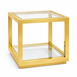 Table d'appoint carrée moderne en acier inoxydable doré de luxe avec double étagère en verre pour salon - Product Image 3