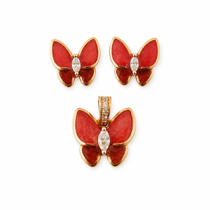 Rose Gold Butterfly Necklace <b>Earrings</b> Set for Women <b>Red</b> Stone Marquise Cut Claw Setting Trendy High Polish Party Wedding Jewelry - Product Image 2