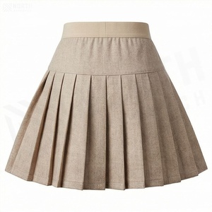 Women Pleated Mini <b>Skirt</b> <b>Elastic</b> Waist Solid Color Woven Polyester Cotton Comfortable All Seasons Style - Product Image 2