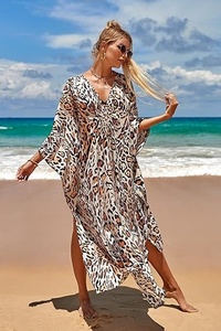 Robe maxi bohème à imprimé léopard, col rond, manches trois quarts, coupe ample, en mousseline respirante, tenue de plage estivale, robe décontractée pour femmes - Product Image 2