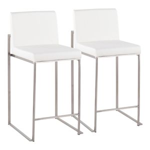 Contemporary Fuji High <b>Back</b> Counter <b>Stool</b> Stainless Steel and White Faux Leather Set of 2 Modern <b>Bar</b> <b>Stools</b> - Product Image 1