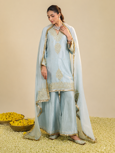 Conjunto de Kurta Bohobi para Mujer, Color Azul Polvo, Tejido, Cintura Natural, Lavable, Elegante, Cuello en V, Manga Acampanada, Bordado a Mano, para Fiesta, Gulmarg - Product Image 3
