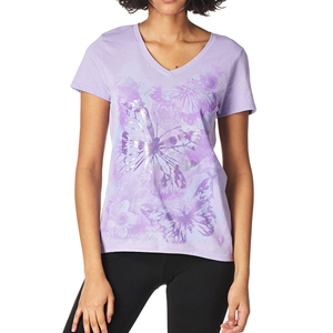 Women's V-Neck Short Sleeve T-Shirt <b>Purple</b> Butterfly Floral Print Casual <b>Top</b> Breathable Knitted Polyester Spring Summer Wear - Product Image 1