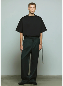 เสื้อยืดโอเวอร์ไซส์สีพื้นทรงปกติสำหรับผู้ชาย ผ้าคอตตอนถักเนื้อหนา คอกลม แขนเสื้อแบบดรอปโชว์เดอร์ สไตล์สตรีทแวร์ - Product Image 2