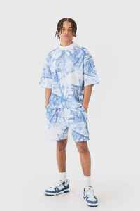 Men's Blue White Printed Polyester Stand <b>Collar</b> <b>T</b>-<b>Shirt</b> Shorts Set Breathable Color Blocking Digital Printing Casual Summer Wear - Product Image 3