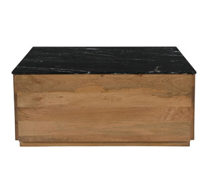 Grande table basse carrée luxueuse avec base en bois de manguier massif et plateau en marbre noir, table basse de salon, bureau à domicile - Product Image 5
