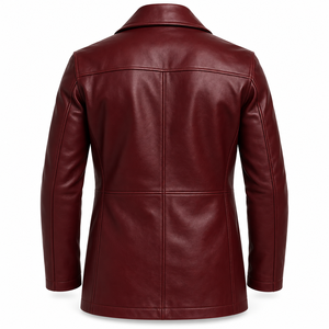 <b>Men's</b> Premium Wine Red <b>Leather</b> Double Breasted <b>Blazer</b> Classic Notch Lapel Short Coat Business Casual Winter Outerwear OEM Whole - Product Image 2
