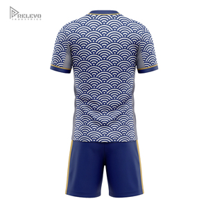Kit de football OEM entièrement sublimé, uniforme de football sans col motif vague océanique, ensemble de sport avec short bleu marine uni, 100% polyester Circuit - Product Image 3