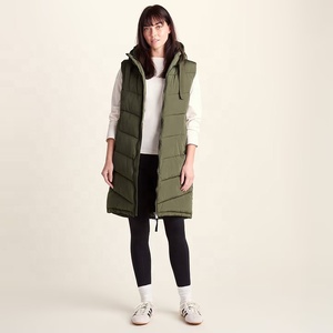 Gilet long matelassé à capuche pour femme, fermeture éclair sur le devant, couleur unie, coupe-vent, vêtement d'extérieur décontracté, vert, gilet long rembourré - Product Image 5