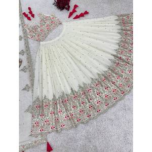 Hermoso Lehenga Choli con corte en A y cuello en V, con bordado completo y lentejuelas, talla XL, cintura natural - Product Image 4