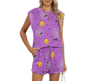Conjunto de Top y Shorts de Satén 100% Algodón para Mujer, Estilo Casual, Cuello Redondo, Dos Piezas con Bolsillos, para Halloween - Product Image 1