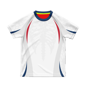 Maillot de football blanc, rouge et bleu, imprimé par sublimation |   Sans col |   Manches courtes |   Uniforme d'équipe personnalisé |   Vente en gros OEM - Product Image 1