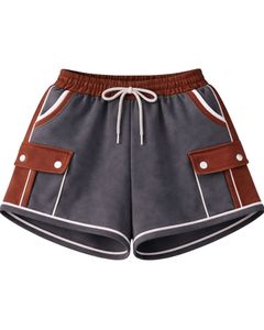 Women Rust Brown And Charcoal Grey Color Block Crop Zip Hoodie <b>Shorts</b> Set With Cargo Pockets Casual Two Piece Outfit Wholesale - Product Image 2