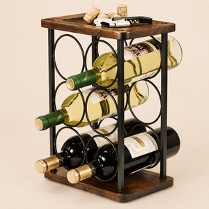 Wood and Metal Countertop <b>Wine</b> Rack 6 Bottle Free-Standing Tabletop <b>Wine</b> Holder with Decorative Top Tray for Home Bar - Product Image 1