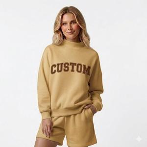 Womens Orange Solid Custom Text Print Mock Neck Oversized <b>Sweatshirt</b> and Shorts Set <b>Long</b> Sleeve Casual Streetwear Activewear - Product Image 4