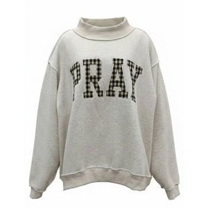 Sweat-shirt gris clair à carreaux noirs, col montant, poignets et ourlet côtelés, coupe ample, manches longues, haut décontracté pour la garde-robe - Product Image 1