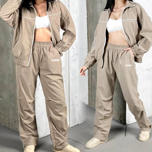 Women 2 Pieces <b>Reflective</b> Edging Jogging Suits Oversize Nylon Customized Windbreaker Jackets Pants Sets Lightweight Tracksuits - Product Image 4