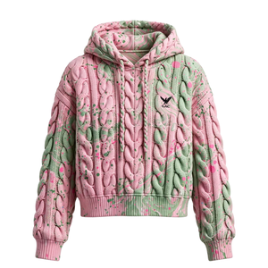 Pull à capuche rose et vert en tricot torsadé, motif éclaboussures de peinture, cordons de serrage tressés, manches longues, poignets et ourlet côtelés, style streetwear tendance - Product Image 1