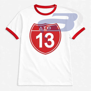 เสื้อยืด Delta Sigma Theta Sorority แบบมีลายพิมพ์ สีขาวตัดกับปกสีแดง ผ้าฝ้าย 100% ระบายอากาศได้ดี สไตล์สตรีท DST Sorority Tee - Product Image 1