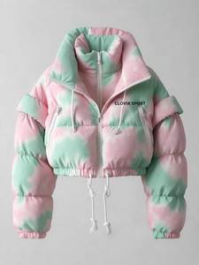 Chaqueta Acolchada con Capucha Tie Dye CLOVIX SPORT para Mujer, Abrigo de Invierno Grueso de Poliéster con Mangas Abullonadas y Cierre de Cremallera, Corta - Product Image 3
