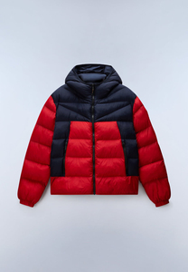 2026 Men's <b>Red</b> And Navy Color Blocking <b>Hooded</b> Puffer <b>Jacket</b> With Zipper Closure Windproof Down Filled Winter Casual Outerwear - Product Image 1