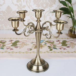 Luxurious metallic gold five arm <b>candelabra</b> featuring glamorous hanging bead strands, available at wholesale prices. - Product Image 4
