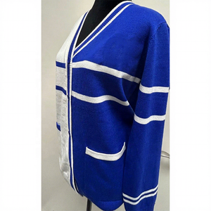 Cárdigan de Mujer de Alta Calidad con Cuello en V, Azul y Blanco, con Letras ZOB Tejidas, Manga Larga, Estilo Vintage, para Invierno - Product Image 5