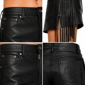Shorts en cuir extensible personnalisés pour femme, noir mat, 5 poches, franges industrielles, en peau de mouton, style audacieux, OEM, coupe ajustée, taille mi-haute, toutes saisons - Product Image 4