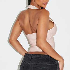 Custom Sexy & Club Women Pink PU Leather Corset Crop Top Lace-<b>Up</b> Halter Neck Body Shaper Firm Control Shapewear Women's Top - Product Image 2