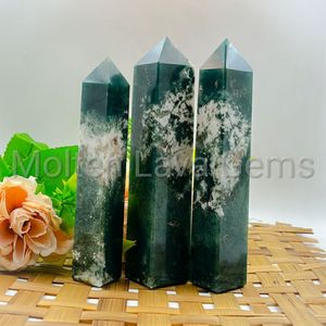 หินมอสอาเกตทรงหอคอยสีเขียวธรรมชาติ หินเดนไดรติกอาเกตขัดเงา สำหรับการบำบัดด้วยเรกิ การทำสมาธิ และการตกแต่ง ช่วยปรับสมดุลจักระ - Product Image 5