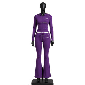 Custom Women's <b>Purple</b> Hoodie Tracksuit Set Flare Pants Activewear Sportswear Two Piece Outfit Private Label Wholesale Clothing - Product Image 1