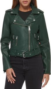 Chaqueta de Moto de Cuero Sintético Verde para Mujer, Manga Larga, Cierre de Cremallera, Color Sólido, Estilo Otoñal, Cuello Camisero, Corte Corto - Product Image 5