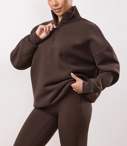 Conjunto de Sudadera de Media Cremallera para Mujer, Color Liso, Manga Larga, Ajuste Holgado, Transpirable, Chándal Casual de Otoño, Pantalones Jogger de Algodón y Spandex - Product Image 3