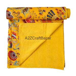 Couvre-lit Kantha en coton pur à 100 % imprimé à la main, motif floral vintage Gudri, fabriqué en Inde - Product Image 1