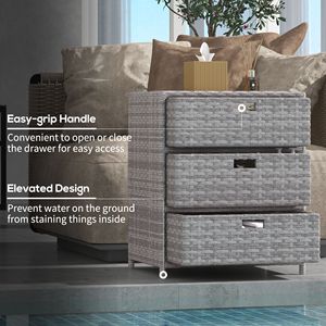 Mobiletto portaoggetti a 3 cassetti in rattan grigio, organizer per piscina in vimini PE con portasciugamani da esterno - Product Image 5
