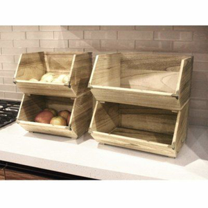 Wholesale <b>Stackable</b> Natural Wood Storage <b>Basket</b> Set Eco-Friendly Open Front Wood Pantry Organization <b>Baskets</b> For Kitchen - Product Image 1