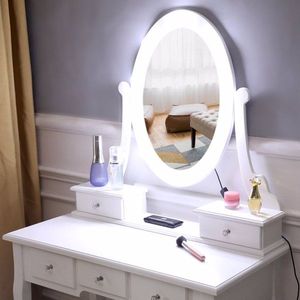 Coiffeuse à miroir unique et 5 tiroirs avec ampoule, blanche - Product Image 1