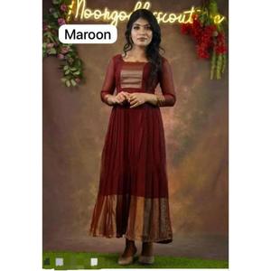 DISEÑADOR GEORGETTE ZARI BORDER TRABAJO VESTIDO MAROON - Product Image 1