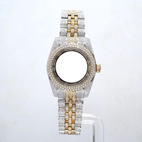 Jam Tangan Pria Mewah Stainless Steel Casing Bulat Analog Quartz Dial Kristal Moissanite Perhiasan Fashion Gesper Lipat