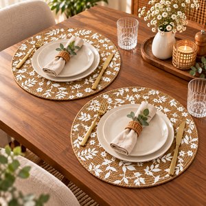 Round Floral Printed <b>Place</b> <b>Mat</b> Natural White Pastoral Style Machine Washable Home Use - Product Image 5