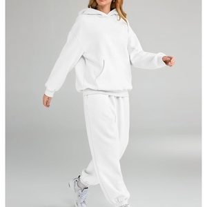 <b>Women's</b> <b>White</b> Hooded <b>Tracksuit</b> Set Full Sleeve Solid Color Casual Loose Fit With Side Pockets Elastic Waist Autumn Wear - Product Image 5