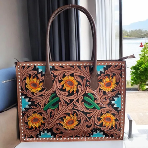 Bolso Tote de Cuero Repujado y Pintado a Mano para Mujer |   Bolso de Hombro de Cuero Genuino con Diseño Floral Occidental de Girasol - Product Image 3