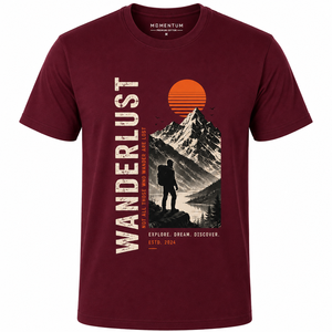 เสื้อยืดแขนสั้นผู้ชาย MOMENTUM สีแดงเลือดหมู คอกลม ทรงปกติ ผ้าคอตตอนเจอร์ซีย์ สไตล์ลำลอง พิมพ์ลายดิจิตอลแบบระเหิด ลายภูเขา - Product Image 1
