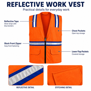 Gilet de sécurité réfléchissant en polyester personnalisé, multi-poches, fermeture éclair sur le devant, unisexe, pour agents de sécurité, vêtements de travail industriels, logo - Product Image 4