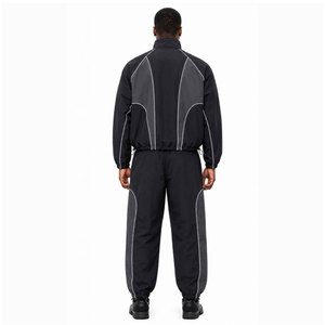 Conjunto Deportivo Negro para Hombre, Color Sólido, Tejido de Poliéster, Secado Rápido, Estilo Cortavientos con Cuello Alto para Otoño - Product Image 5