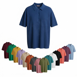 Polo rouge uni à manches courtes en coton côtelé, coupe décontractée, respirant, avec logo brodé personnalisé, idéal pour l'été - Product Image 1