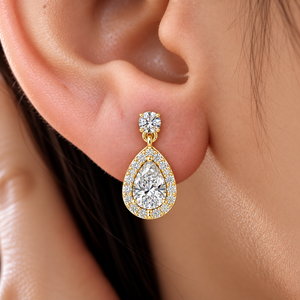 Boucles d'oreilles clous solitaires en or massif 14K 18K avec diamant de laboratoire taille poire et halo, DEFVVS, bijoux fins de mariée, vente en gros - Product Image 2