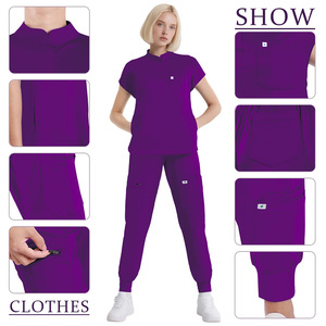 Custom Women Purple <b>Scrub</b> <b>Set</b> With Pockets Hospital Uniform Cotton Polyester Knitted Fabric Needle Detection Pakistan Made - Product Image 6