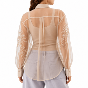 Chemisier beige transparent pour femmes, chemise à col boutonné et manches longues brodée de fleurs - Product Image 3