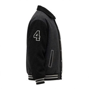Chaqueta de béisbol negra gruesa de moda con bordados y patchwork, cuello alto, estilo urbano, poliéster - Product Image 3
